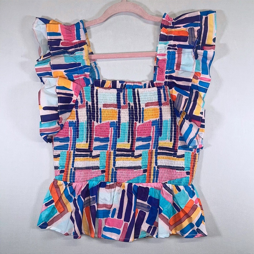 NWT Entro Smocked Ruffle Peplum Colorful Abstract Boutique Summer Blouse L